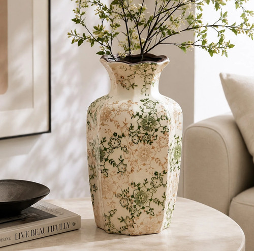 Green octagonal vase - octagonal, floral