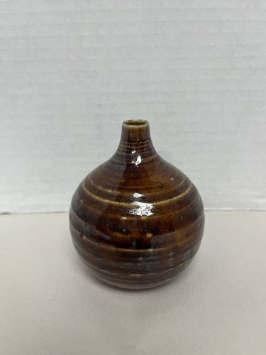 Brown glazed pottery bud vase - glazed,