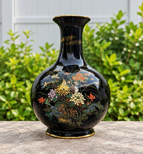 Black glossy floral ceramic - black,