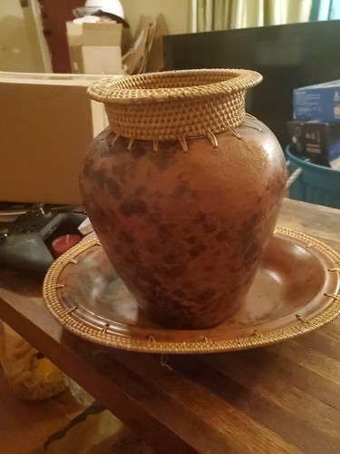 Vintage clay and rattan - rattan, vase
